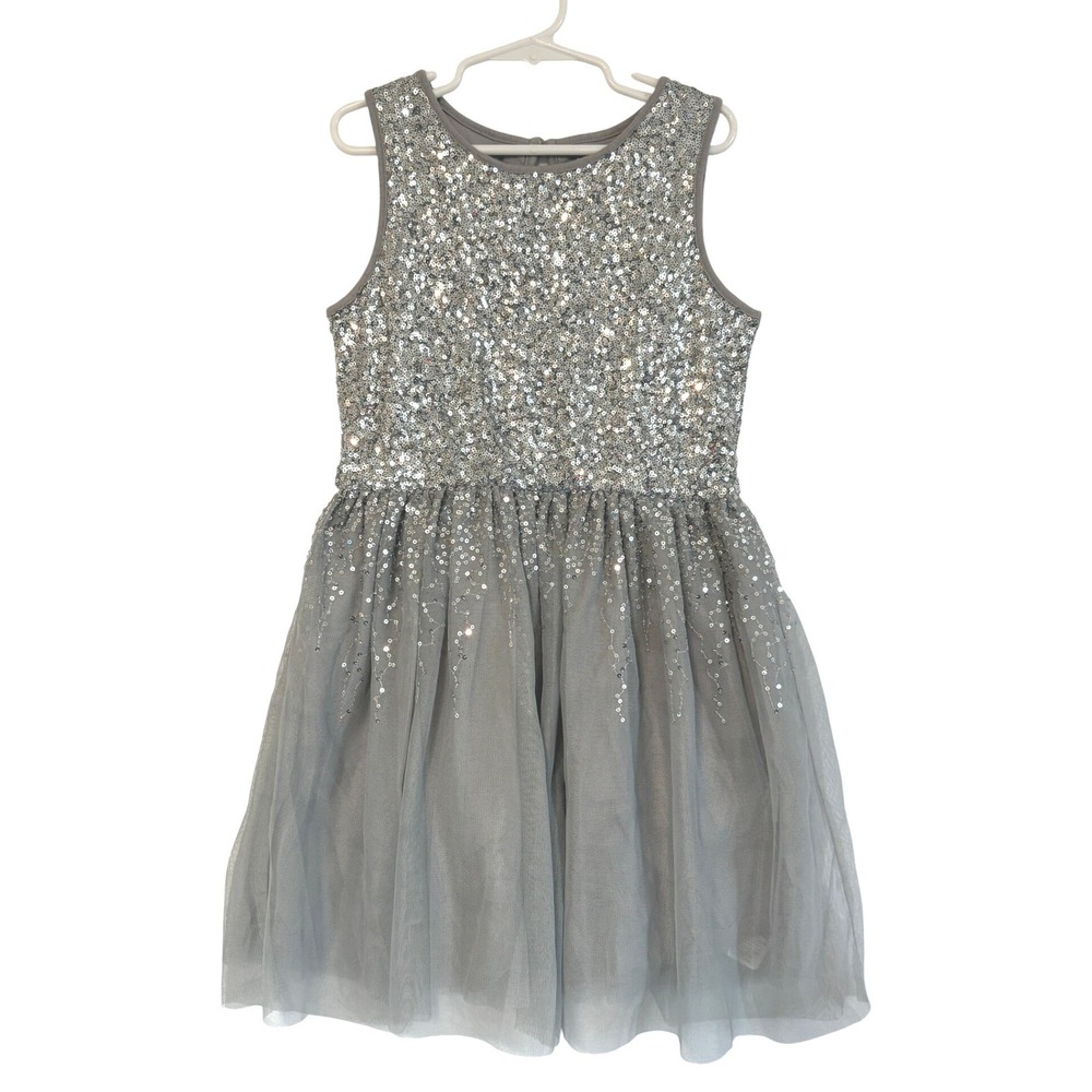 Gap Kids Girls Silver Sequin Tulle‎ Party Dress Grey Size M 8 Holiday Sparkle